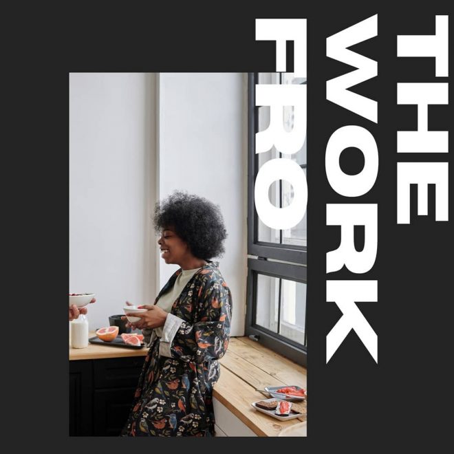 The Work Afro, woman stands drinking coffee with stunning afro hair